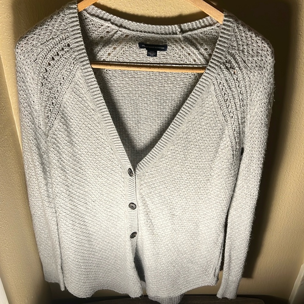American Eagle Outfitter Women’s Button Front Open Weave Shirt Tail Sweater